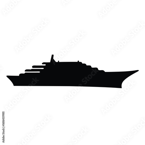 Black silhouette of a large cruise ship against a white background