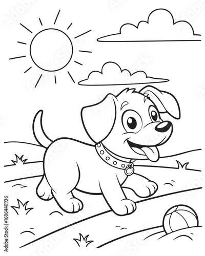 Adorable puppy playing happily in the sunny outdoors, a delightful coloring book page for children to enjoy creative art activities and learn about animals through artistic expression