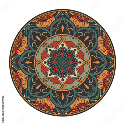 Richly Detailed Decorative Plate with Colorful Mandala Pattern on Isolated White Background