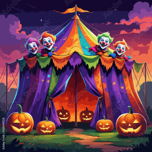 Halloween Circus Clowns with Pumpkins
Colorful vector illustration of spooky Halloween clowns inside a circus tent, holding jack-o’-lanterns with glowing lamps. Perfect for Halloween party posters, ca