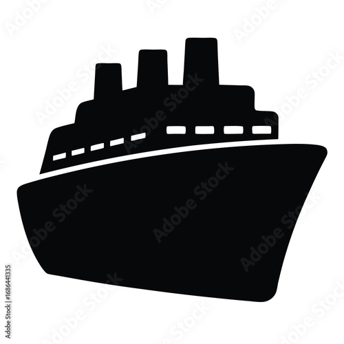 Simple black and white outline of a cruise ship, with chimneys