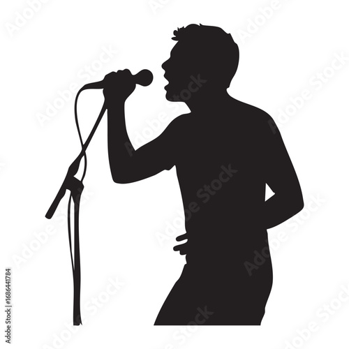 Black silhouette of a singer holding microphone, musical performance concept.
