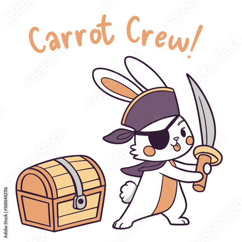 Vector Illustration of a Pirate Bunny with an Eye Patch and Sword in a Creative Cartoon Style Featuring Bunny Character with Pirate Hat and Treasure Chest