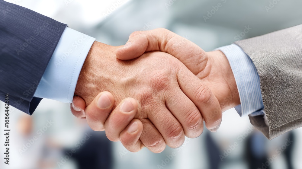 Obraz premium A close-up of two business professionals shaking hands in a corporate environment, symbolizing agreement, partnership, and success in the workplace