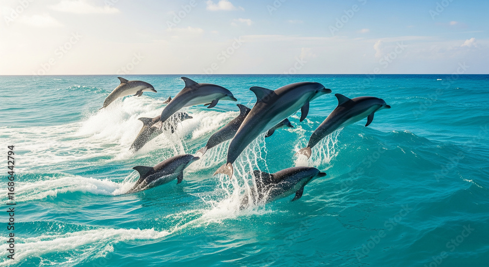 Fototapeta premium A joyful pod of dolphins leaps energetically from the bright turquoise waves of a sunny, open ocean.