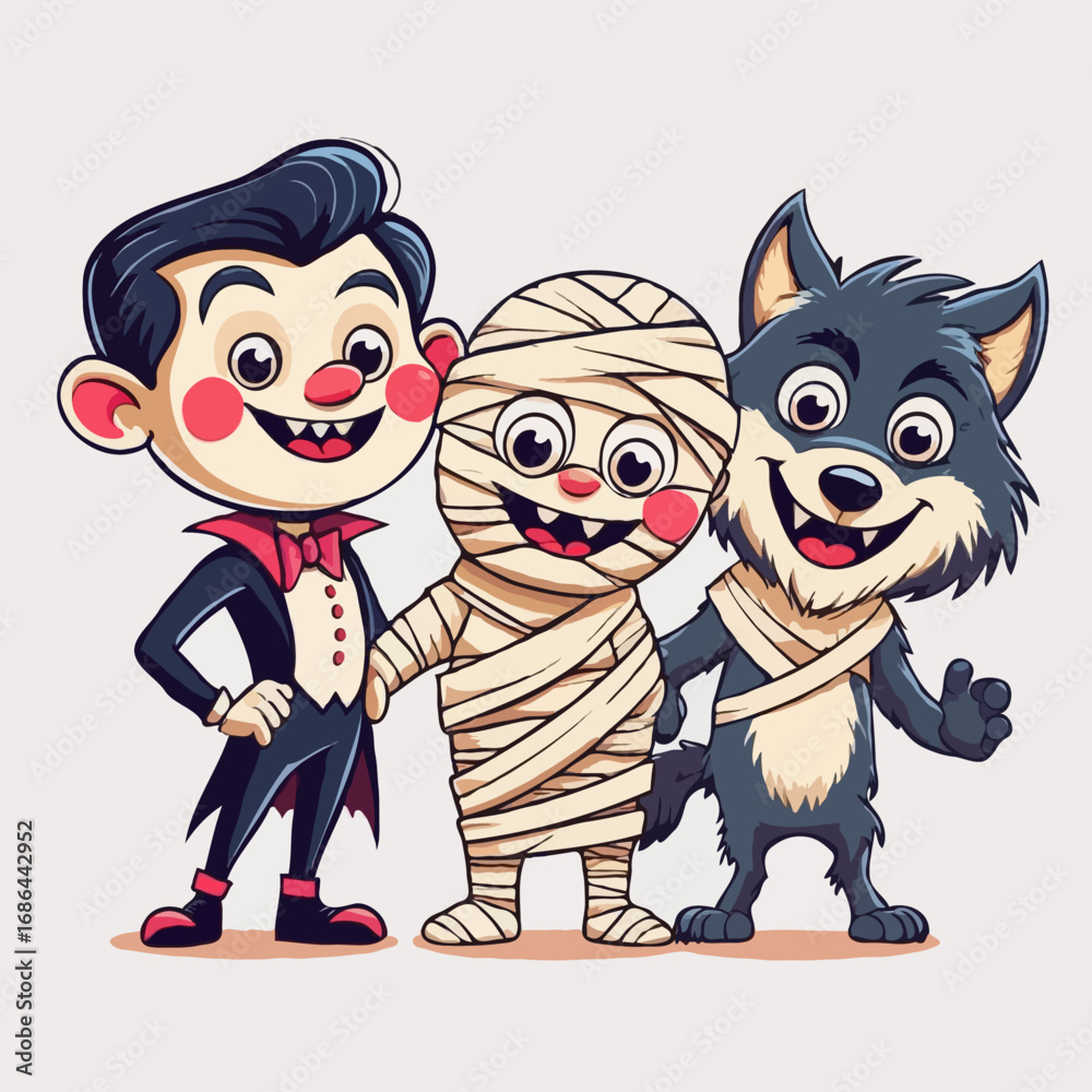 Fototapeta premium halloween cartoon characters, vampire, mummy, werewolf, cute monster illustration, spooky but fun, vector art