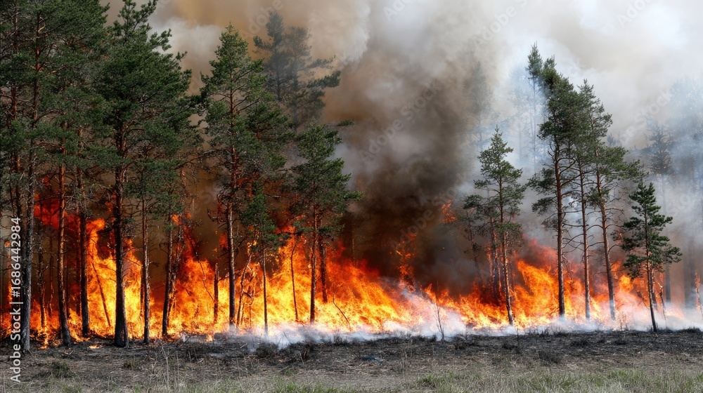 Fototapeta premium A dramatic scene of forest fire engulfing trees and creating thick smoke, highlighting the devastating impact of wildfires on nature and the urgency for environmental conservation.