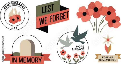 Remembrance Day Illustrations Featuring Poppies, Doves, Flame, Tombstone, Ribbons, and Text with Hope and Peace Message