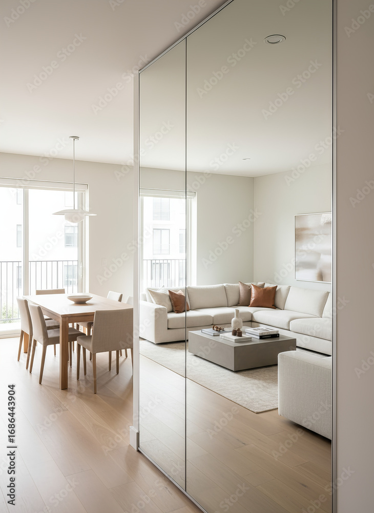 Fototapeta premium Modern living dining area with mirrored wall and neutral tones 