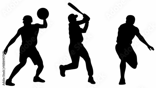 Silhouette of a basketball player throwing the ball baseball player hitting and running player in action