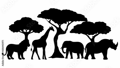 Silhouette of african wildlife with lion giraffe elephant rhino and trees in black and white design