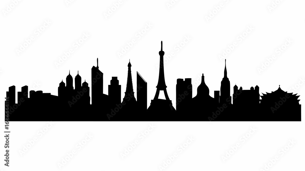 Naklejka premium Silhouette of a diverse city skyline featuring various architectural styles and prominent landmarks across the horizon