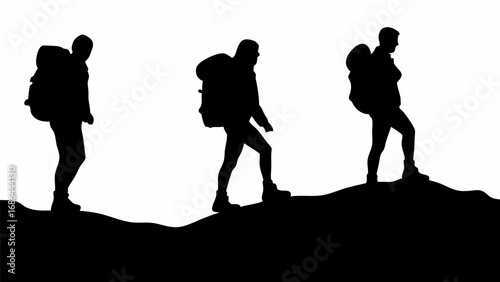 Silhouette of three hikers with backpacks walking uphill on a mountain ridge against a white background view