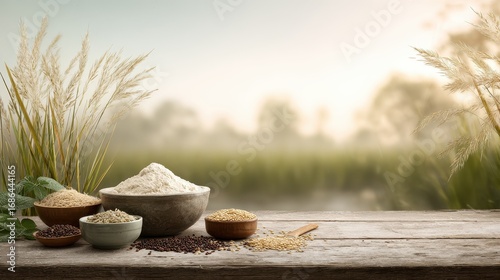 Beautiful photo of soft pastel warm tones for a 'Flour' campaign. In the center, a 3 huge bowl of ragi, jowar and bajra seeds. Arrange the items on a rustic wooden table, with.