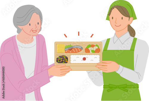 弁当の宅食サービスをスタッフから受け取り喜ぶシニア女性