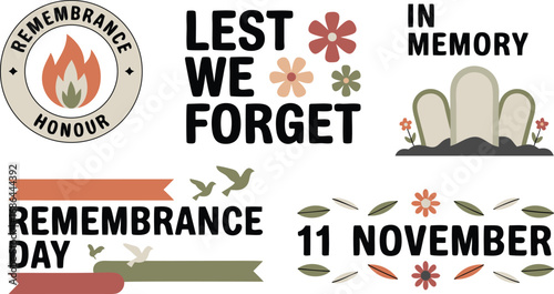 Remembrance Day Imagery Honour Badge, Lest We Forget Text, November 11 Date, and Tombstones
