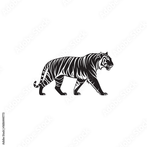 Majestic tiger walking side view silhouette graphic element