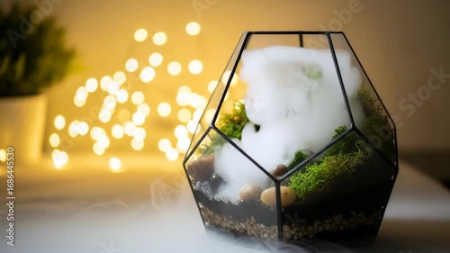 Fog spilling from dry ice inside geometric glass terrarium with moss  