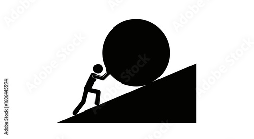 man pushing boulder vector, uphill struggle icon, hard work symbol, perseverance illustration, determination vector design, struggle silhouette, pushing stone uphill icon, challenge vector graphic, ef