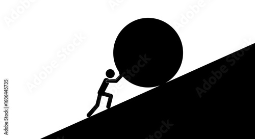 man pushing boulder vector, uphill struggle icon, hard work symbol, perseverance illustration, determination vector design, struggle silhouette, pushing stone uphill icon, challenge vector graphic, ef
