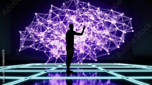 A person interacts with a futuristic holographic network display, exploring digital connections in a high-tech environment. 