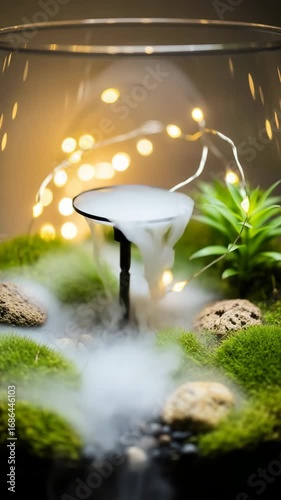 Indoor miniature garden with mist, green plants, and pebbles  