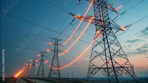 Low Angle View Of Electricity Pylons With Glowing Orange Energy Lines In Blue Sky