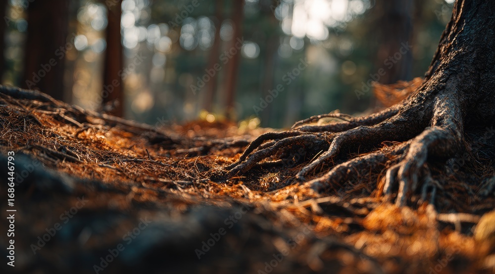 Fototapeta premium Forest roots spread across the ground, bathed in golden light