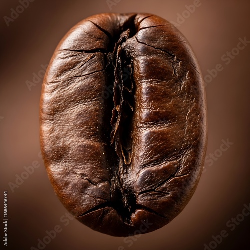 Close-up of a Roasted Coffee Bean on a Brown Background