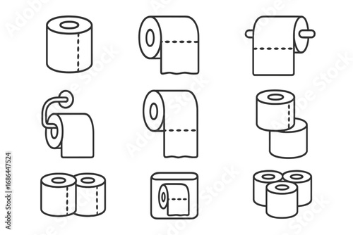 Toilet paper roll icon set. Simple line art vector illustrations of bathroom tissue. Hygiene, sanitary, and household cleaning supplies symbols. Minimalist outline graphic.