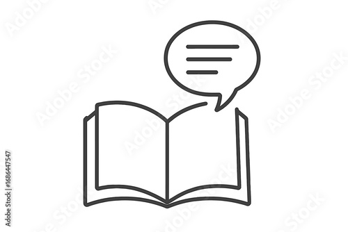 Book and speech bubble line icon. Metaphor for storytelling, audiobooks, and communication. Symbol for reading, learning, education, knowledge, and public speaking. Dialogue.