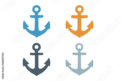 Anchor vector icon set. Flat cartoon illustration of four colorful marine symbols for nautical design. Boat and ship equipment graphic collection for sea and ocean concepts.