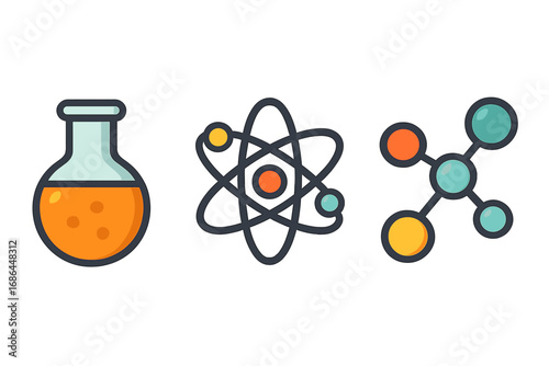 Chemistry and physics icons vector set. Lab flask, atomic structure, molecule model. Simple flat cartoon illustration for science, research, and education concepts.