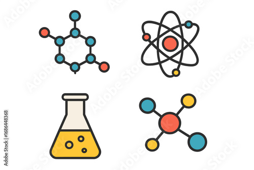 Science icon set. Chemistry, physics, biology symbols. Atom, molecule structure, lab flask with chemical liquid. Flat vector illustration for education, research, experiment.