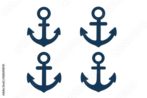 Set of four simple flat anchor icons. Nautical marine symbol for sea, boat, or ship. Vector illustration isolated on a white background. Maritime travel and navy concept.