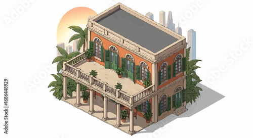 An isometric illustration of a classic Mediterranean-style villa with a large terrace, surrounded by palm trees against a city skyline.
