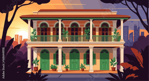 Illustrated two-story colonial shophouse with verandas, set against a modern city skyline at sunset.