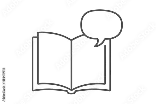 Book with speech bubble vector line icon. Concept for storytelling, communication, education, reading, learning, and knowledge. Symbol for library, literature, information, study.