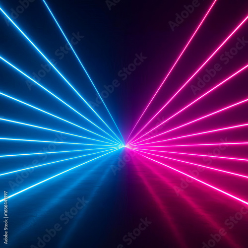  Futuristic laser light lines background with neon beams glowing in dark 3D space
