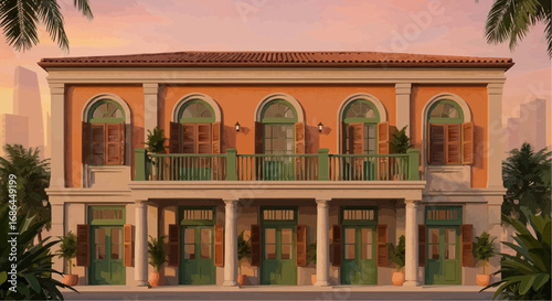 Illustration of a two-story building with arched windows, green doors, and a balcony.