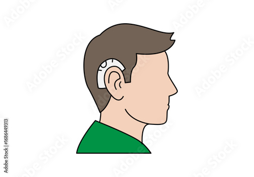 Persona con audífono en la cabeza en fondo blanco