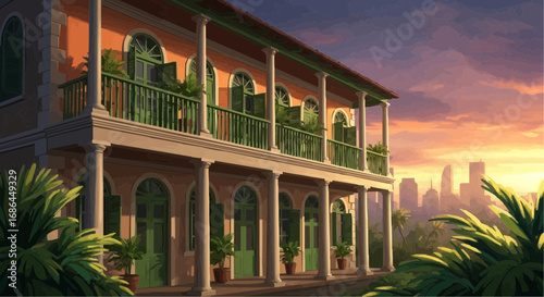 A charming colonial-style building with green shutters and balconies bathed in the warm glow of a sunset, overlooking a distant city skyline.