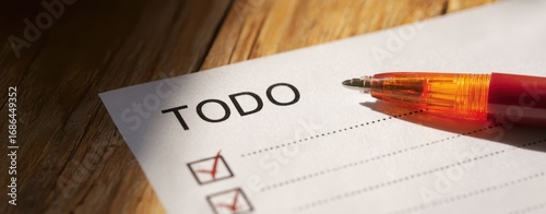 The To-Do List On A Wooden Desk With A Red Pen And Checkboxes