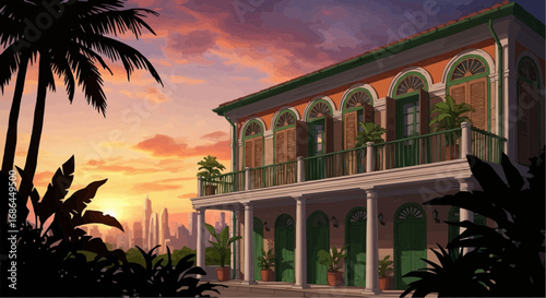 A tropical colonial-style villa with a balcony stands against a vibrant sunset sky, with a modern city skyline visible in the distance.