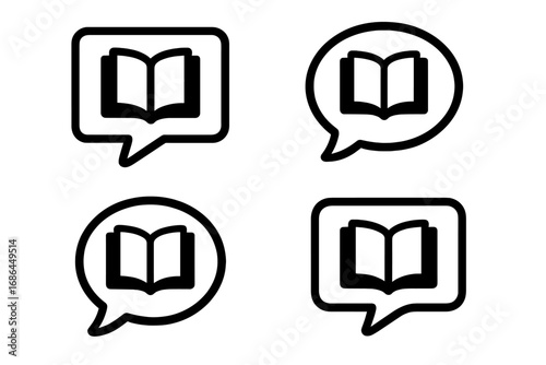 Book club speech bubble icon set. Symbol for reading, library, or education. Vector illustration for storytelling, e-learning, discussion, or review. Communication pictogram.