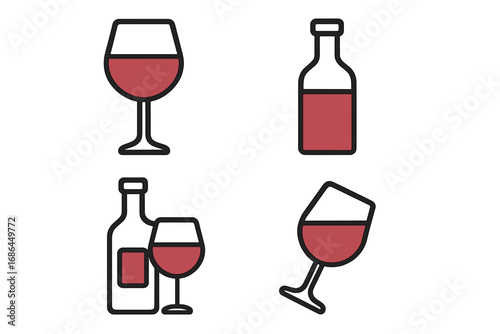 Red wine glass and bottle icon set. Filled outline linear style. Vector graphic for bar menu, party invitation, or celebration. Alcohol, drink, and beverage symbols.
