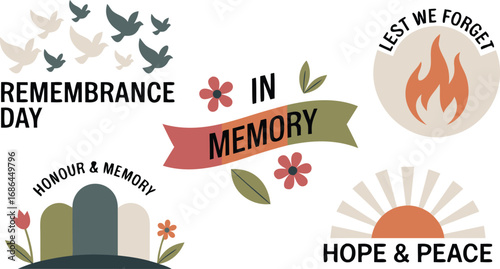 Remembrance Day with Doves, Flame, Poppies, Gravestones, Sun and Texts Saying Hope and Peace