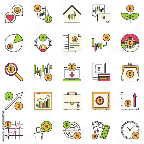 Bitcoin Investment and Trading colored icons set. BTC crypto currency concept signs