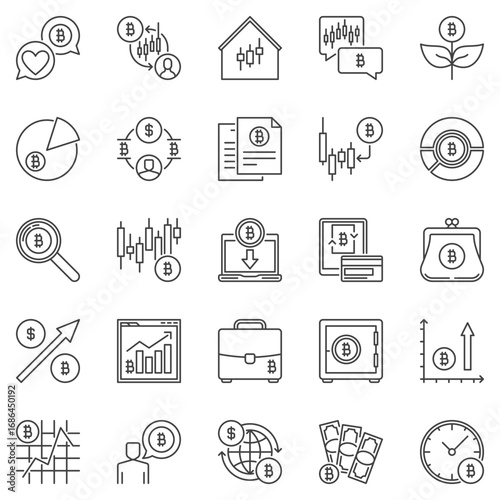 Bitcoin investment or crypto trading outline icons set - BTC currency thin line concept symbols