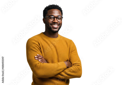 Smiling black man with glasses wearing a yellow sweater isolated on transparent background